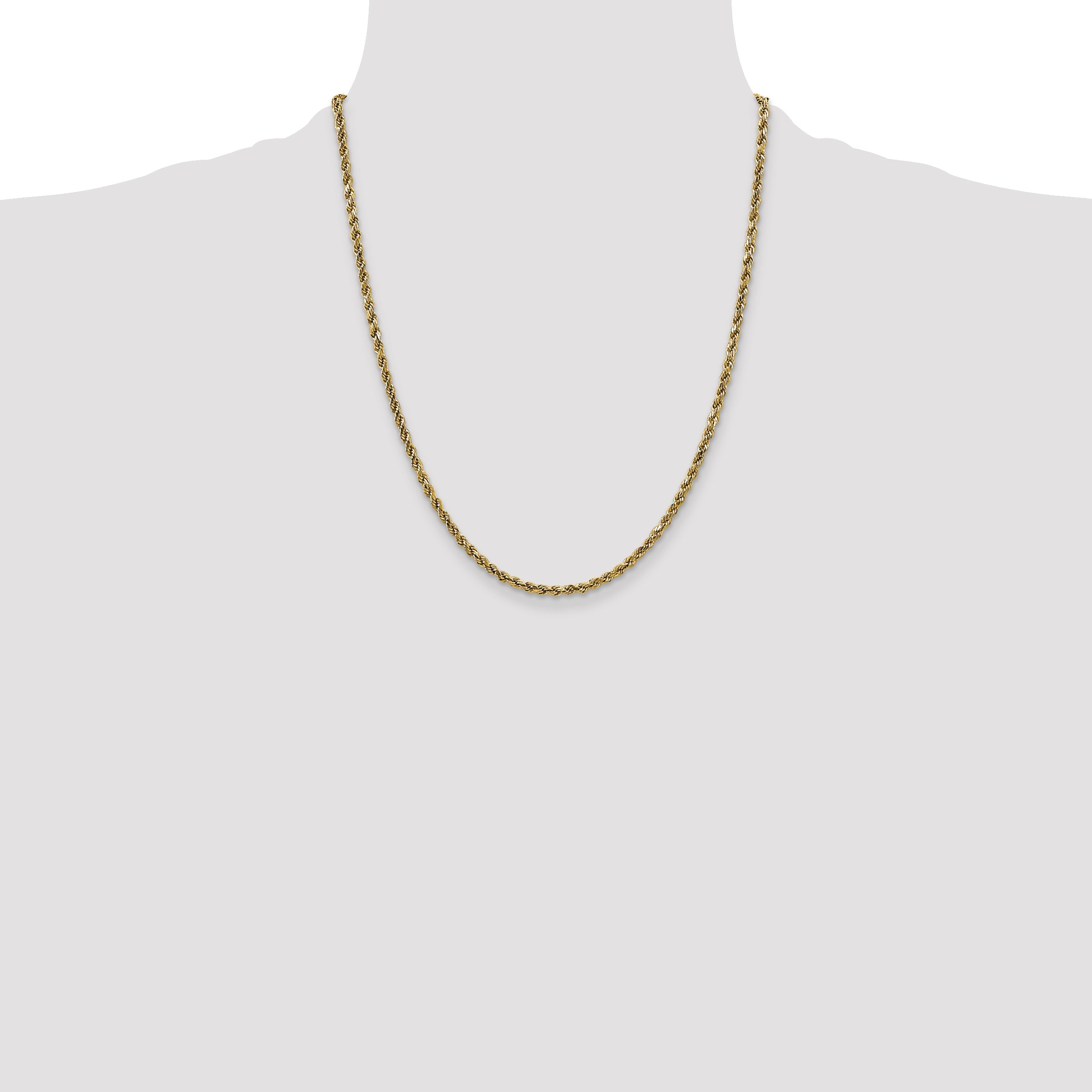 22 Inch 10K Yellow Gold 2.25mm Semi-Solid D/C Rope Chain Necklace
