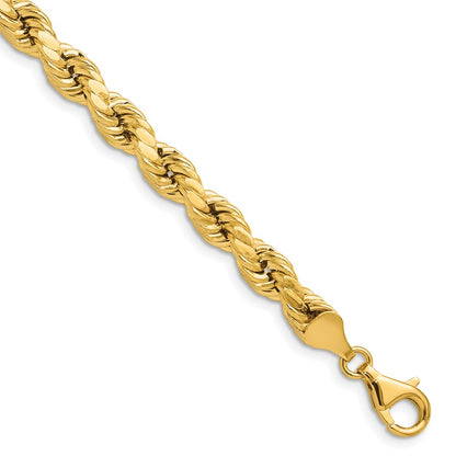 8 Inch 10K Yellow Gold 6.5mm Semi-Solid D/C Rope Chain Bracelet
