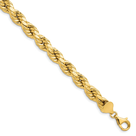 9 Inch 10K Yellow Gold 8mm Semi-Solid D/C Rope Chain Bracelet