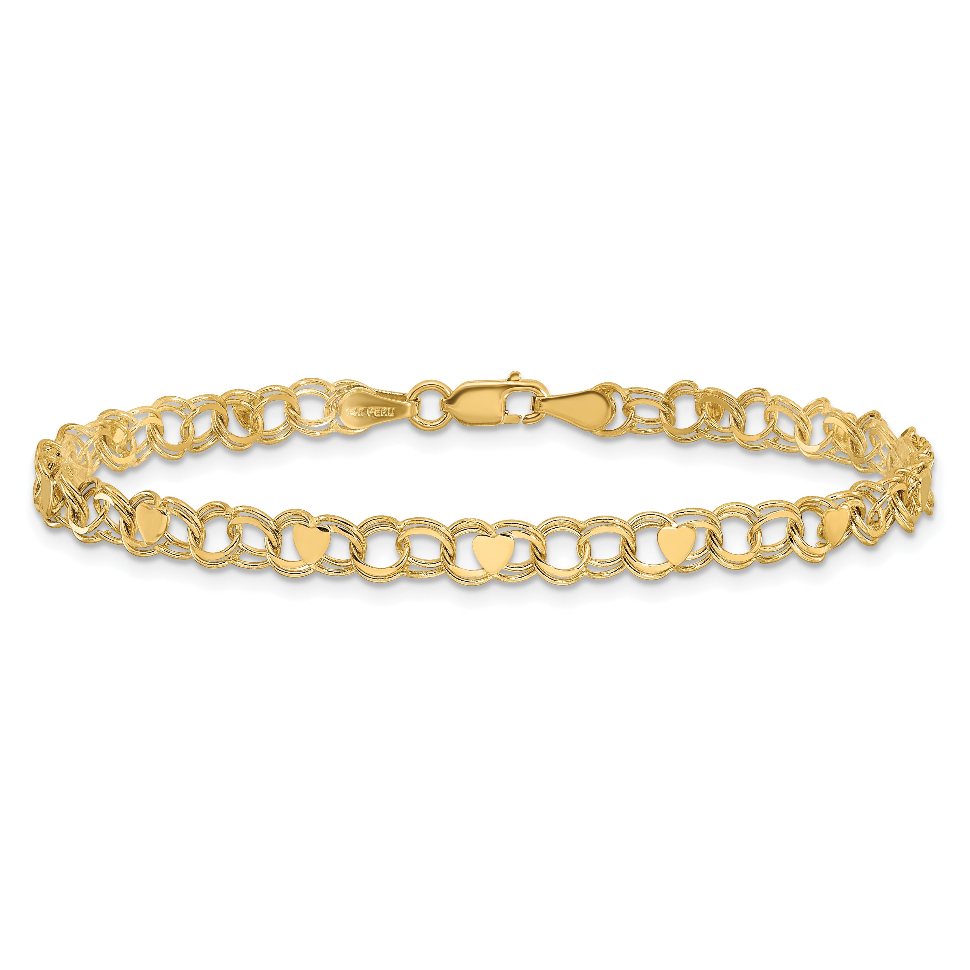 10K Yellow Gold Double Link With Hearts Charm Bracelet