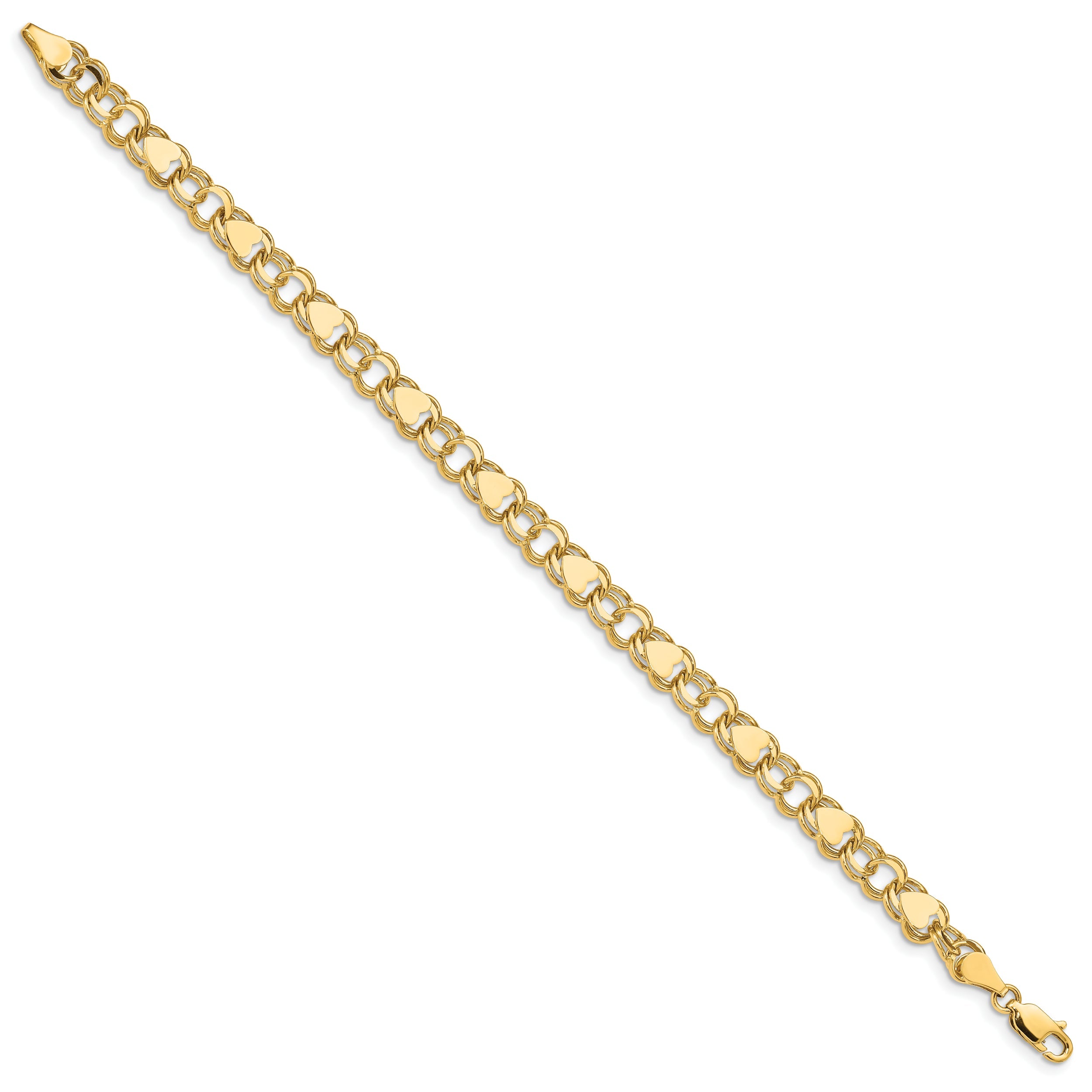 10K Yellow Gold Double Link With Hearts Charm Bracelet