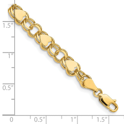 10K Yellow Gold Double Link With Hearts Charm Bracelet