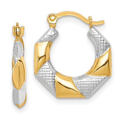10K Yellow W/Rhodium And White Rhodium Scalloped Hollow Hoop Earrings