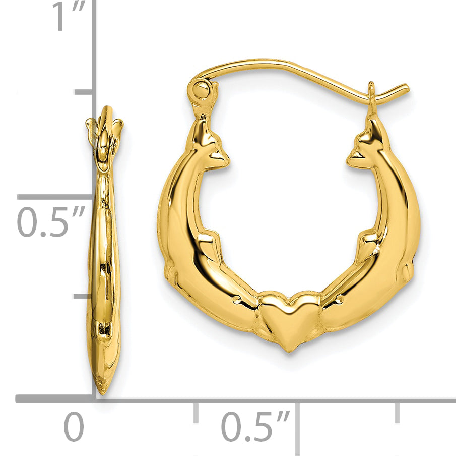 10K Yellow Gold Dolphin Heart Hollow Hoop Earrings