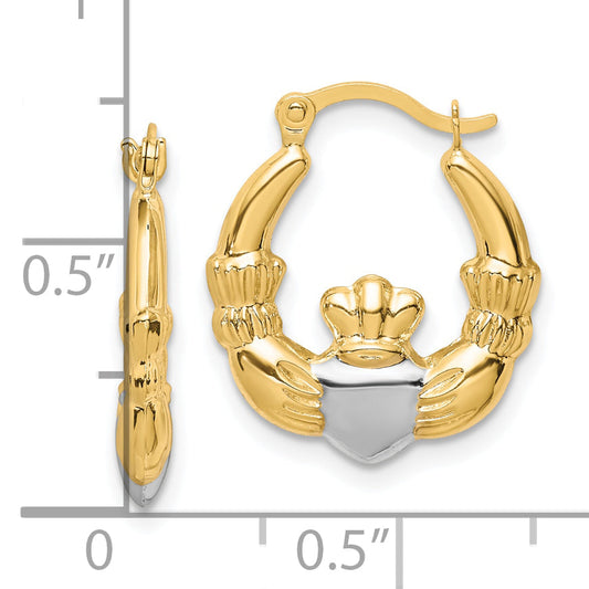 10K Yellow W/Rhodium & Rhodium Claddagh Hollow Hoop Earrings