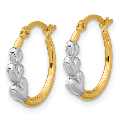 10K Yellow W/Rhodium And Rhodium Hearts Hollow Hoop Earrings