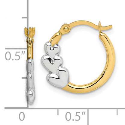 10K Yellow W/Rhodium And Rhodium Hearts Hollow Hoop Earrings