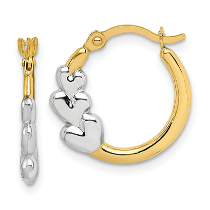 10K Yellow W/Rhodium And Rhodium Hearts Hollow Hoop Earrings