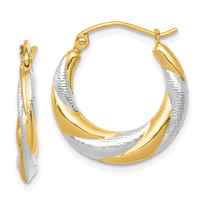 10K Yellow W/Rhodium & Rhodium Twist Hollow Hoop Earrings