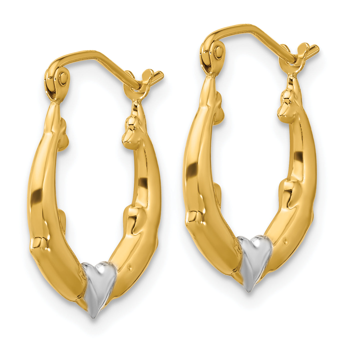 10K Yellow W/Rhodium And Rhodium Dolphin Heart Hollow Hoop Earrings