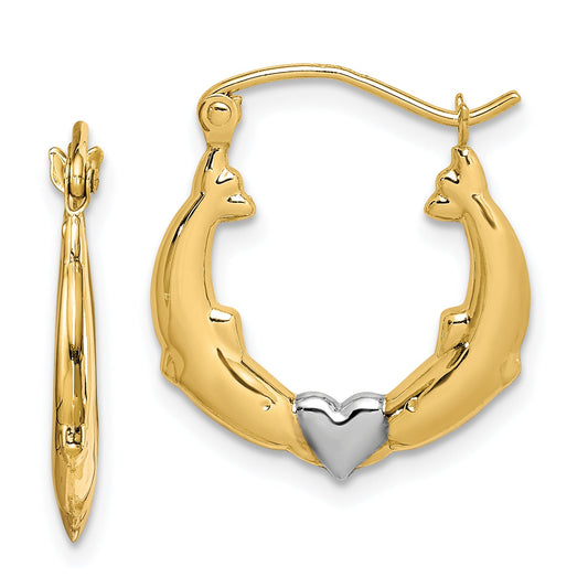 10K Yellow W/Rhodium And Rhodium Dolphin Heart Hollow Hoop Earrings