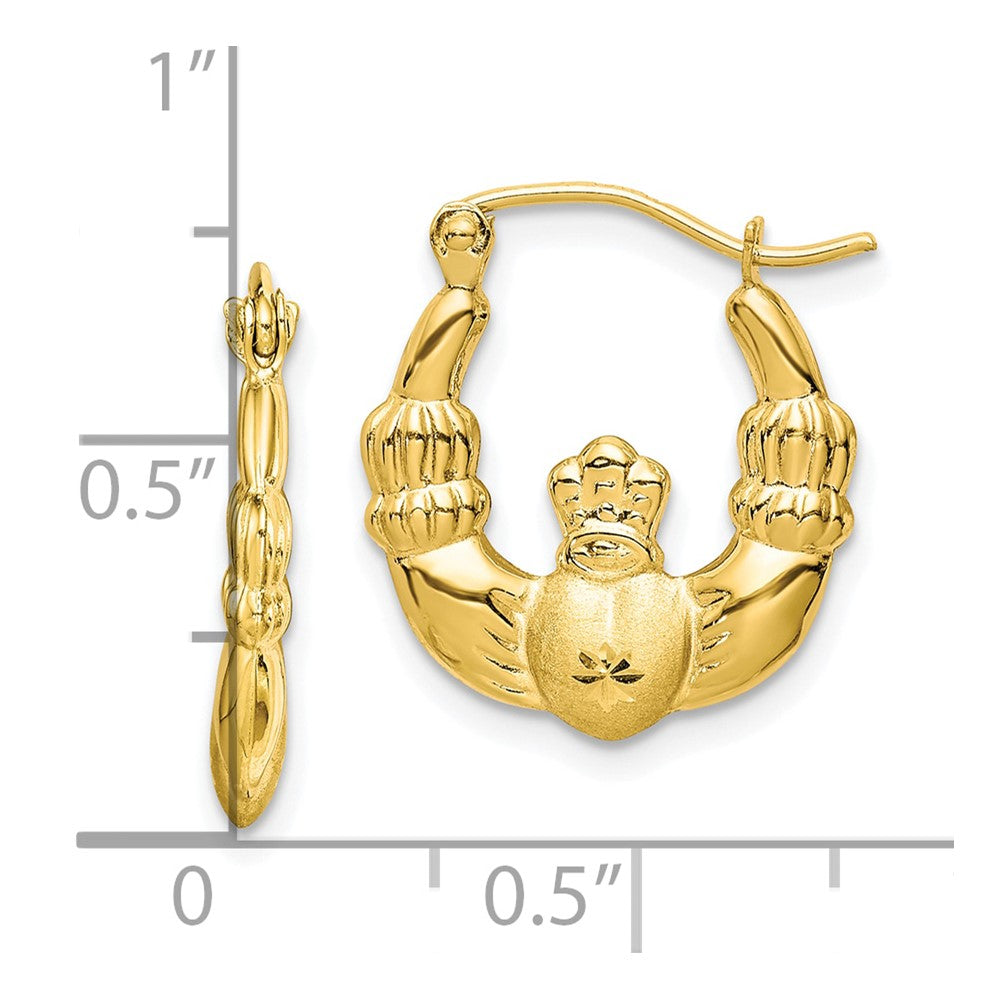 10K Yellow Gold Polished & Satin Claddagh Hoop Earrings