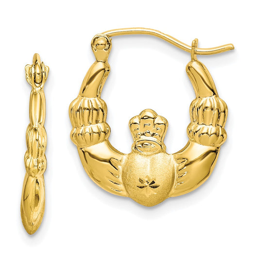 10K Yellow Gold Polished & Satin Claddagh Hoop Earrings