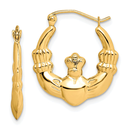 10K Yellow Gold Polished Claddagh Hoop Earrings