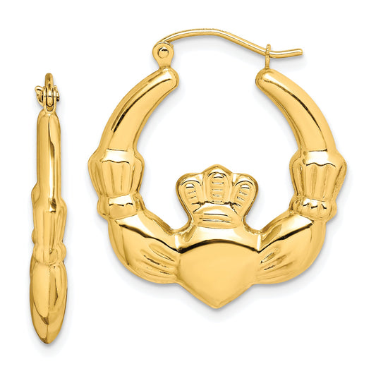 10K Yellow Gold Polished Claddagh Hoop Earrings