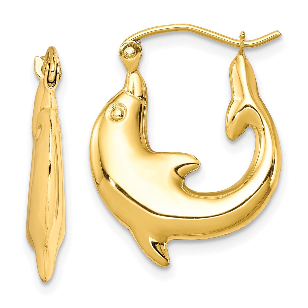 10K Yellow Gold Polished Dolphin Hoop Earrings