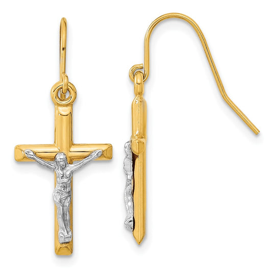 10K Two-Tone Polished Crucifix Earrings