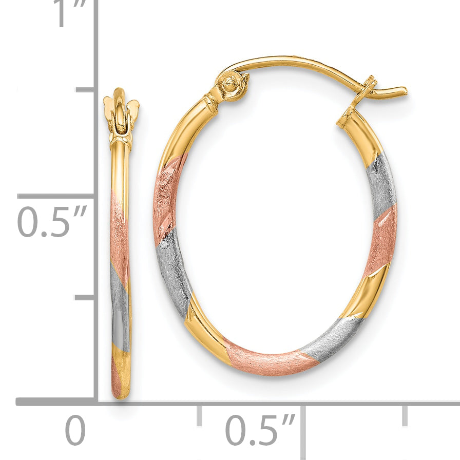 10K Yellow W/Rhodium & White And Rose Rhodium Diamond Cut Hoop Earrings