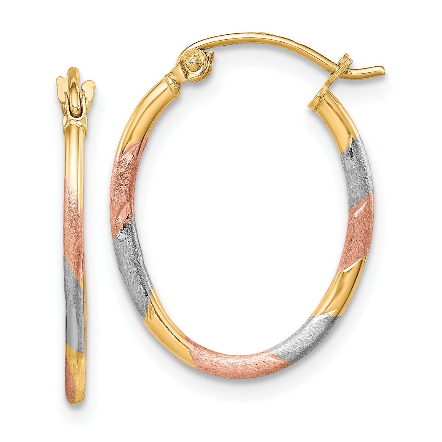 10K Yellow W/Rhodium & White And Rose Rhodium Diamond Cut Hoop Earrings