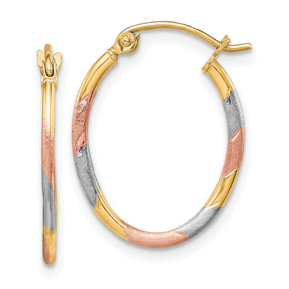 10K Yellow W/Rhodium & White And Rose Rhodium Diamond Cut Hoop Earrings