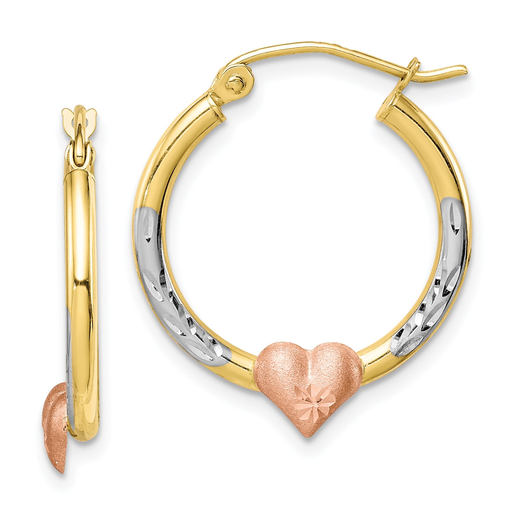 10K Two-Tone & White Rhodium D/C Heart Hoop Earrings