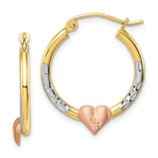 10K Two-Tone & White Rhodium D/C Heart Hoop Earrings