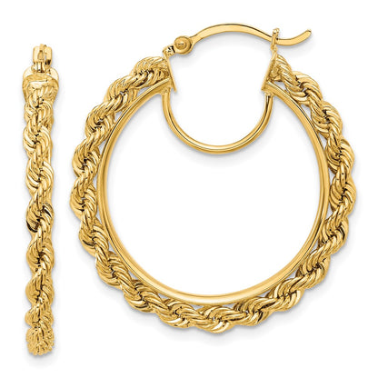 10K Yellow Gold Polished And D/C Rope 2.95mm Hoop Earrings