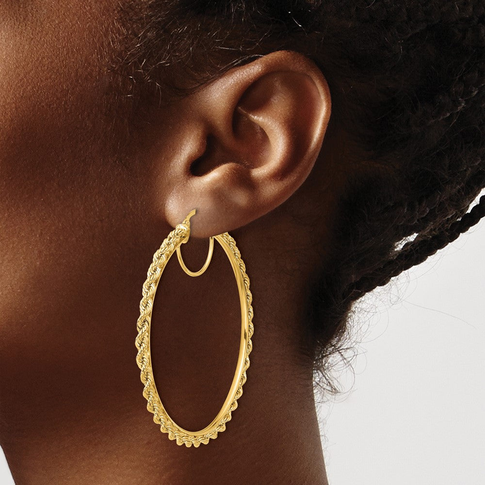 10K Yellow Gold Polished And D/C Rope 2.95mm Hoop Earrings