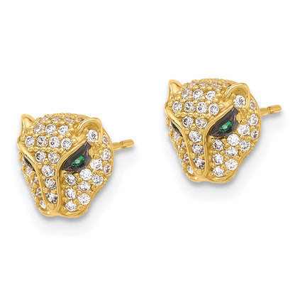 10K Yellow Gold 10K Polished Clear & Green Cz Lioness Head Post Earrings