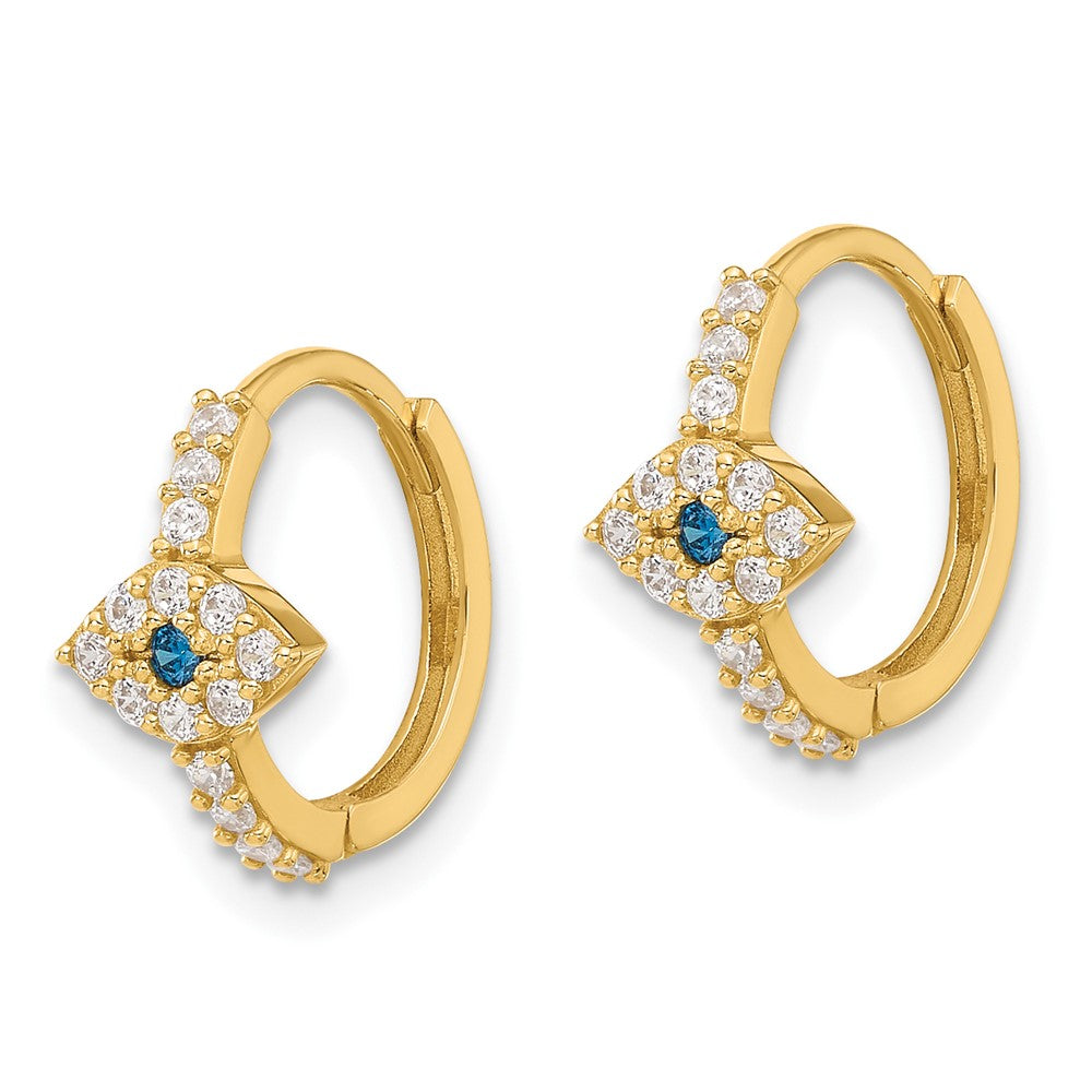 10K Yellow Gold 10K Polished Clear & Blue Cz Evil Eye Hinged Hoop Earrings