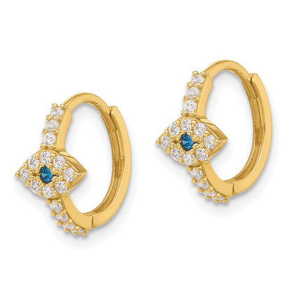 10K Yellow Gold 10K Polished Clear & Blue Cz Evil Eye Hinged Hoop Earrings