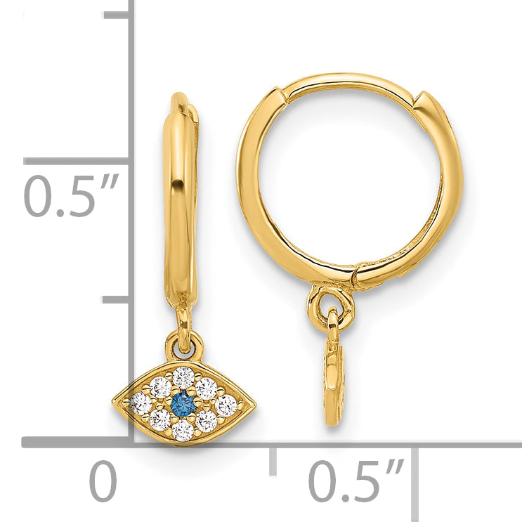 10K Yellow Gold 10K Polished Clear & Blue Cz Dangle Evil Eye Hinged Hoop Earrings