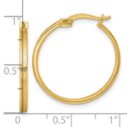 10K Yellow Gold Polished 1.75 X 23mm Greek Key In/Out Square Tube Hoop Earrings