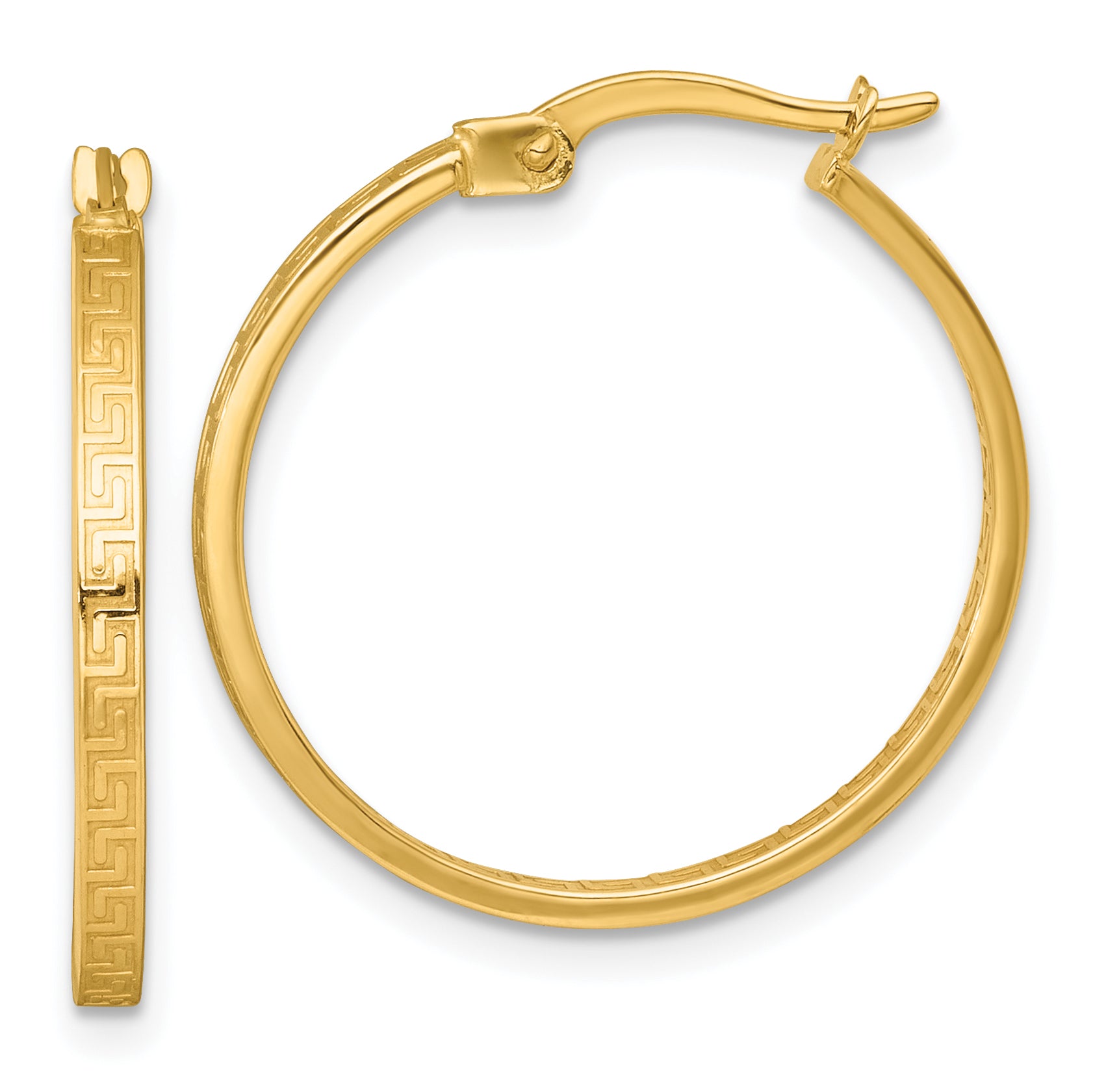 10K Yellow Gold Polished 1.75 X 23mm Greek Key In/Out Square Tube Hoop Earrings