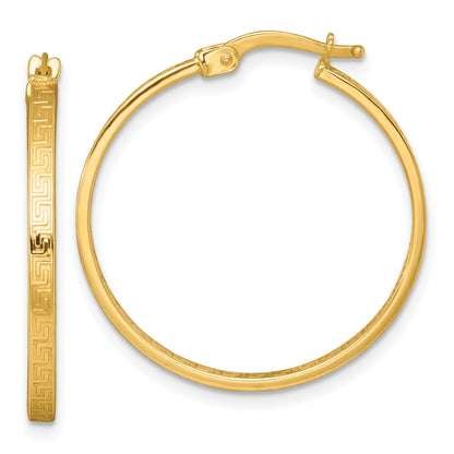 10K Yellow Gold Polished 1.75 X 27mm Greek Key In/Out Square Tube Hoop Earrings