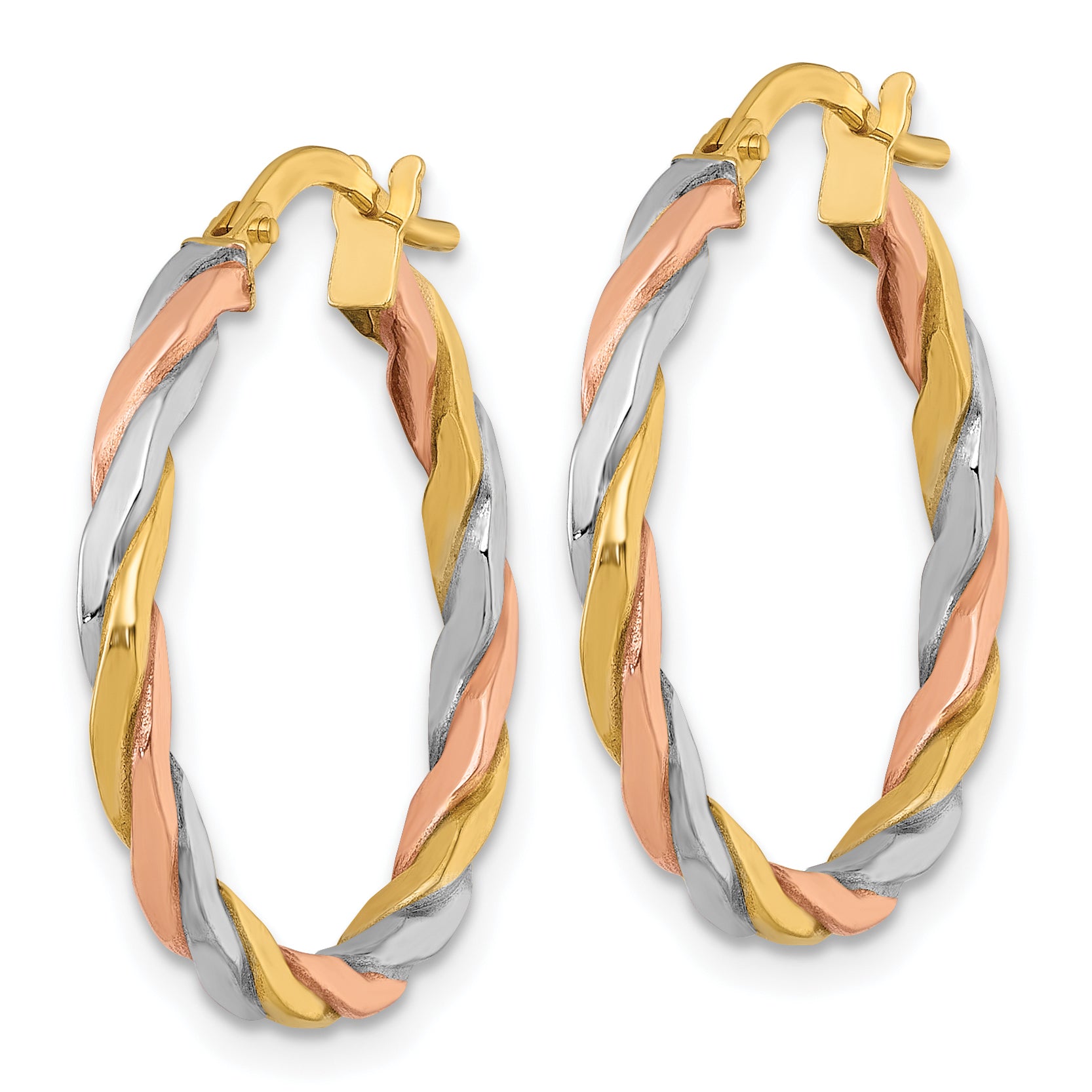 10K Yellow W/Rhodium 10K With Rose And White Rhodium Polished Twisted 2.00 X 24mm Tube Hoop Earrings