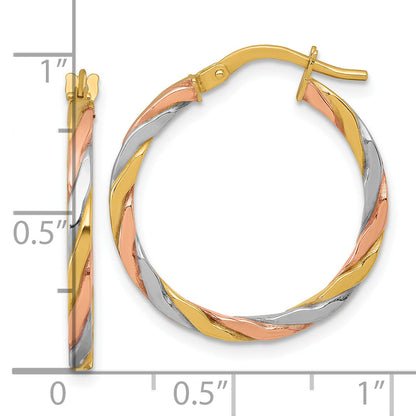10K Yellow W/Rhodium 10K With Rose And White Rhodium Polished Twisted 2.00 X 24mm Tube Hoop Earrings