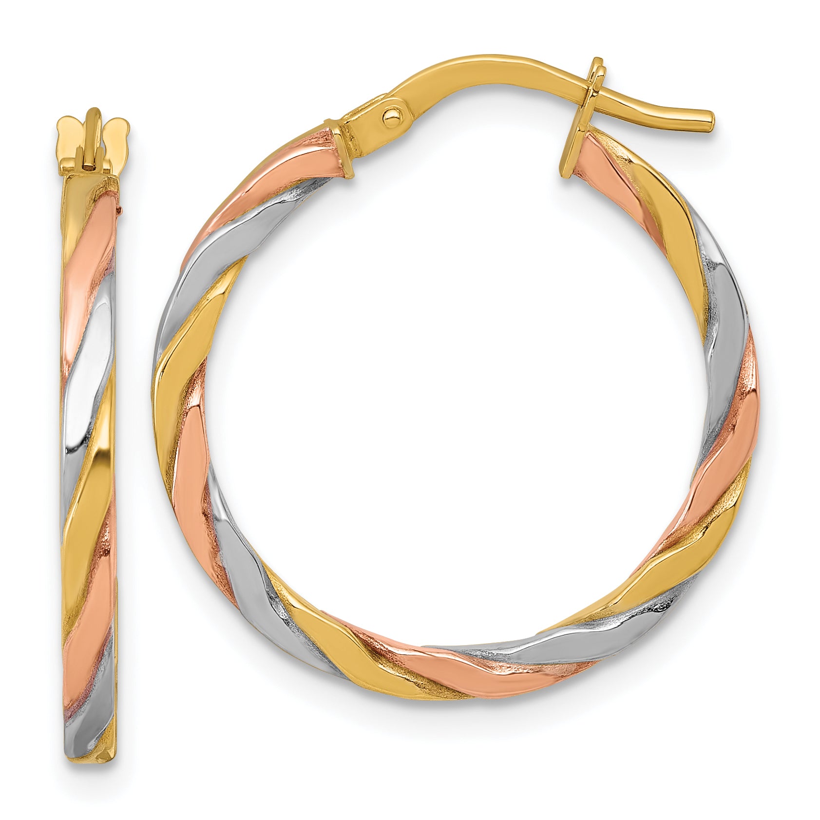 10K Yellow W/Rhodium 10K With Rose And White Rhodium Polished Twisted 2.00 X 24mm Tube Hoop Earrings