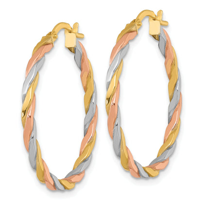 10K Yellow W/Rhodium 10K With Rose And White Rhodium Polished Twisted 2.00 X 28mm Tube Hoop Earrings