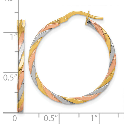 10K Yellow W/Rhodium 10K With Rose And White Rhodium Polished Twisted 2.00 X 28mm Tube Hoop Earrings