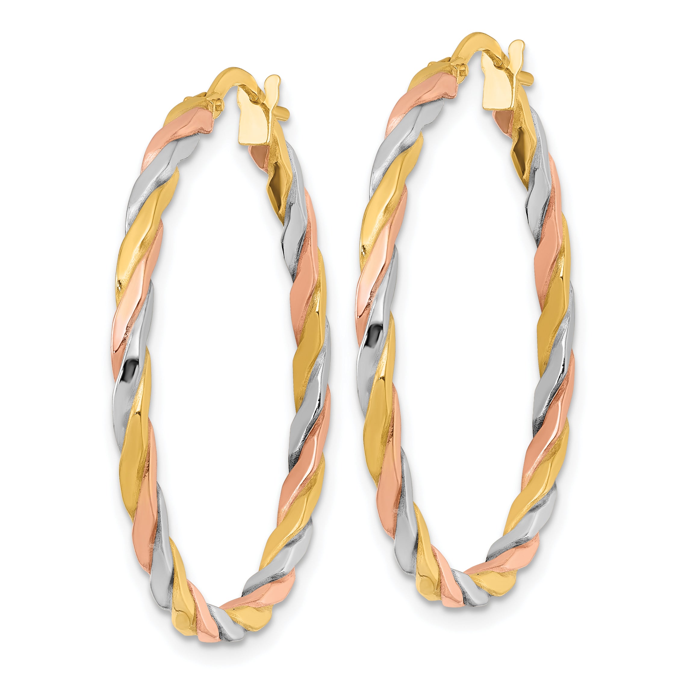 10K Yellow W/Rhodium 10K With Rose And White Rhodium Polished Twisted 2.00 X 34mm Tube Hoop Earrings