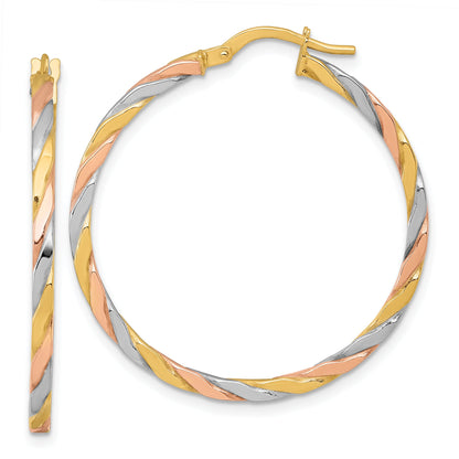 10K Yellow W/Rhodium 10K With Rose And White Rhodium Polished Twisted 2.00 X 34mm Tube Hoop Earrings