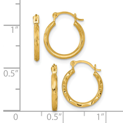 10K Yellow Gold Diamond-Cut And Textured Set Of Two Pairs Hoop Earrings