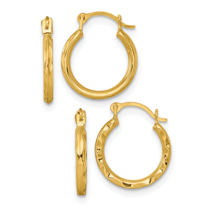 10K Yellow Gold Diamond-Cut And Textured Set Of Two Pairs Hoop Earrings