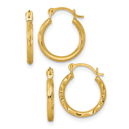 10K Yellow Gold Diamond-Cut And Textured Set Of Two Pairs Hoop Earrings