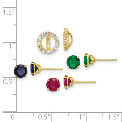 10K Yellow Gold Set Of Three Red, Blue And Green Glass Stone Studs With Cz Halo Jacket Post Earrings