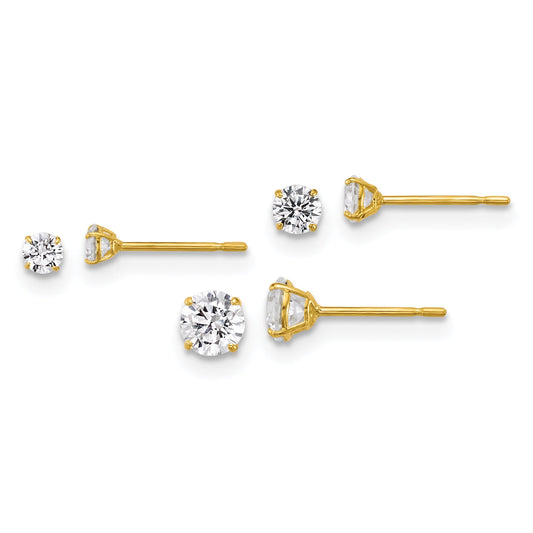 10K Yellow Gold Polished Cz Round 2.5mm 3.00mm And 4.00mm Set Of 3 Pair Stud Post Earrings