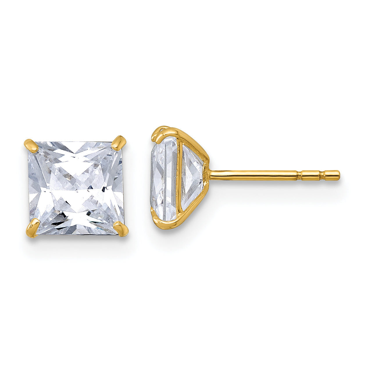 10K Yellow Gold Polished 6.00mm Square Princess Cz Stud Post Earrings