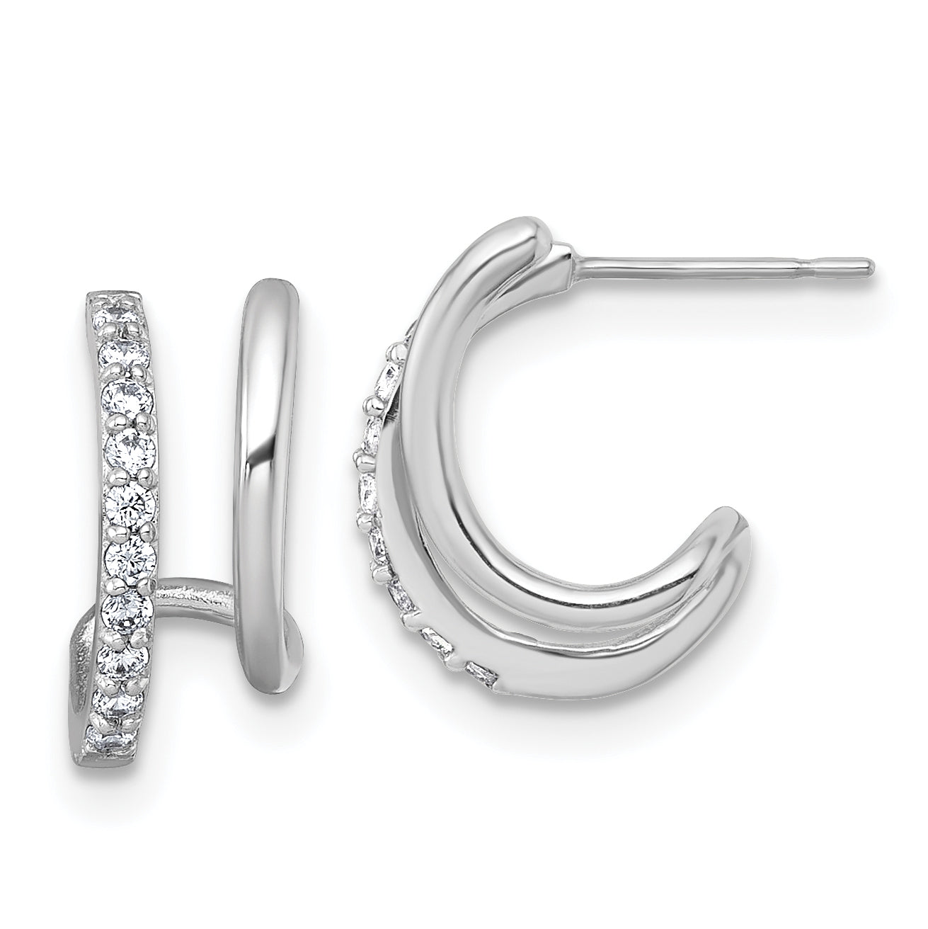 10K White Gold Polished Cz Fancy Double J-Hoop Post Earrings