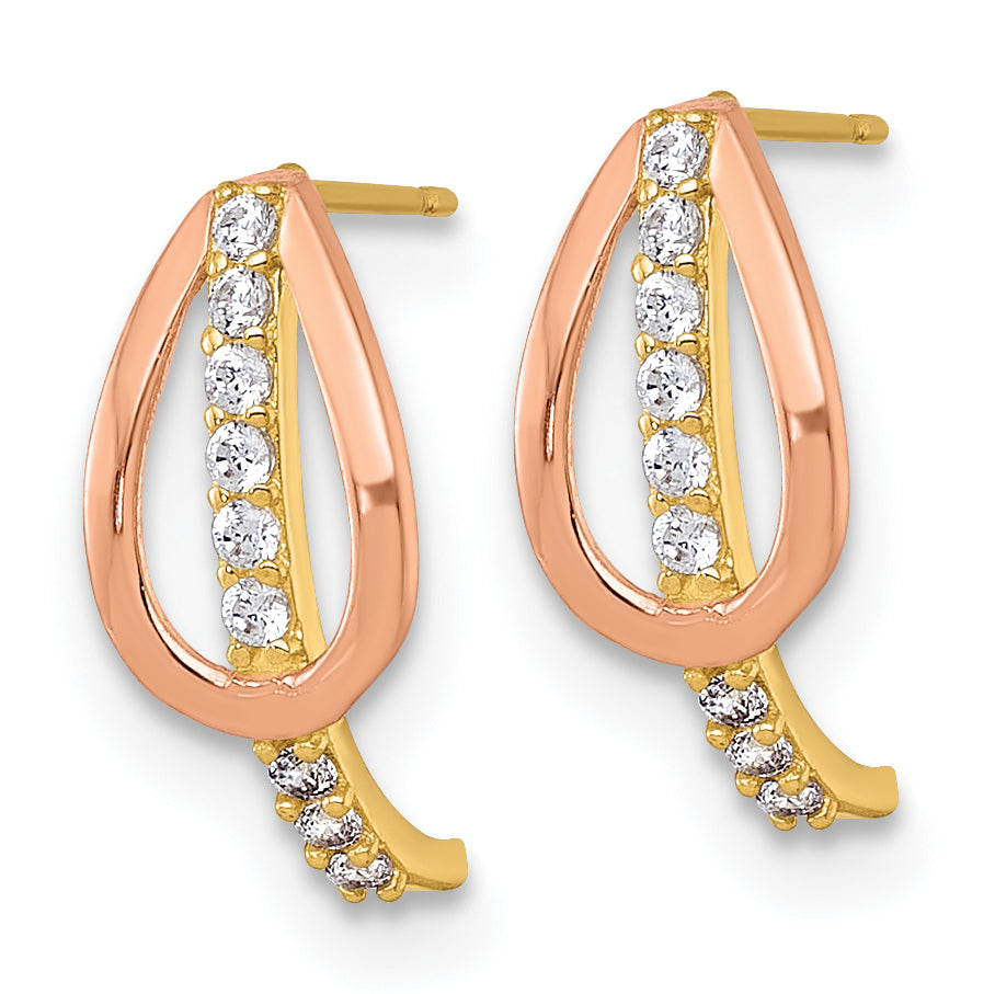 10K Yellow Gold With Rose-Plating Polished Cz Fancy J-Hoop Post Earrings